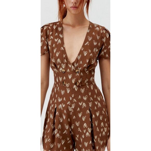 Urban Outfitters Tops - Urban Outfitters Juliette Heart Printed Brown Short Sleeve Romper